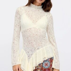 Cider Cream Floral Lace Long-Sleeve Peplum Top